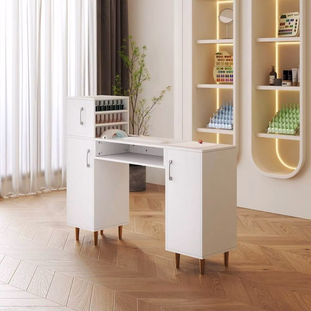 EONLION L-Shaped Nail Desk Manicure Table with Storage Cabinet in White – 2