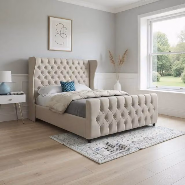 KDMD Kilburn Upholstered Chesterfield Bed Frame in Beige Soft Velvet, Size: Double (140 x 200 cm) – 1
