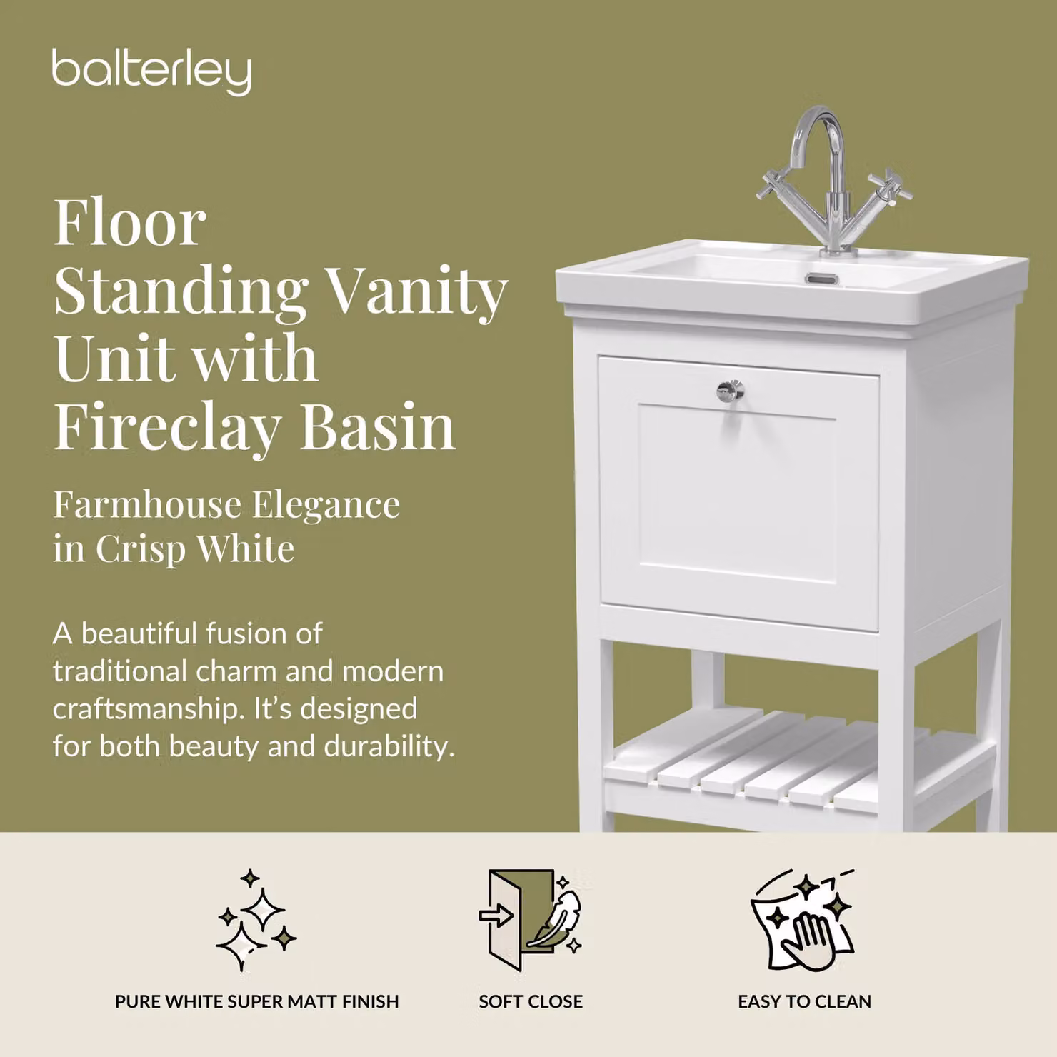Balterley Freestanding Bathroom Floor Vanity Unit with 1 Drawer and 1 Tap Hole Basin, Pure White, W: 53.1 cm – 2