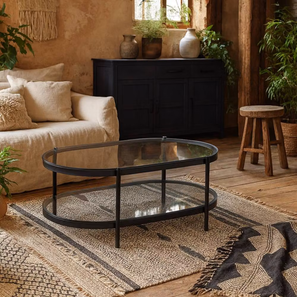 Wyld Haus Featheroak Oval Coffee Table with Grey Smoked Glass and Matt Black Metal Base, W: 126 cm, D: 50 cm, H: 42 cm – 3