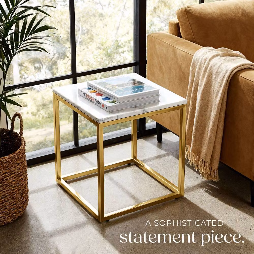 tectake Alysia Modern Square Side Table with Abstract Marble Stone Top in Black, White and Multicolour – 4