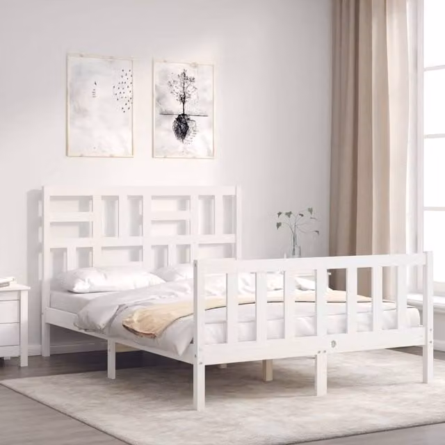 Berkfield Home Beautiful Bed Frame with Headboard in White Solid Pine, W/D/H: 140 x 200 x 104 cm