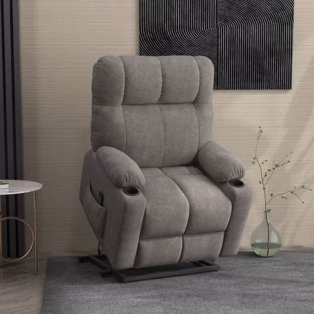 HOMCOM Electric Power Lift TV Chair with Cup Holder and Armrests, Grey Fabric