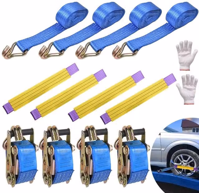 Ventryn 4 Piece Ratchet Wheel Strap Set in Blue with 50mm Width, 4 Metre Length and 5T Capacity including Round Slings – 1