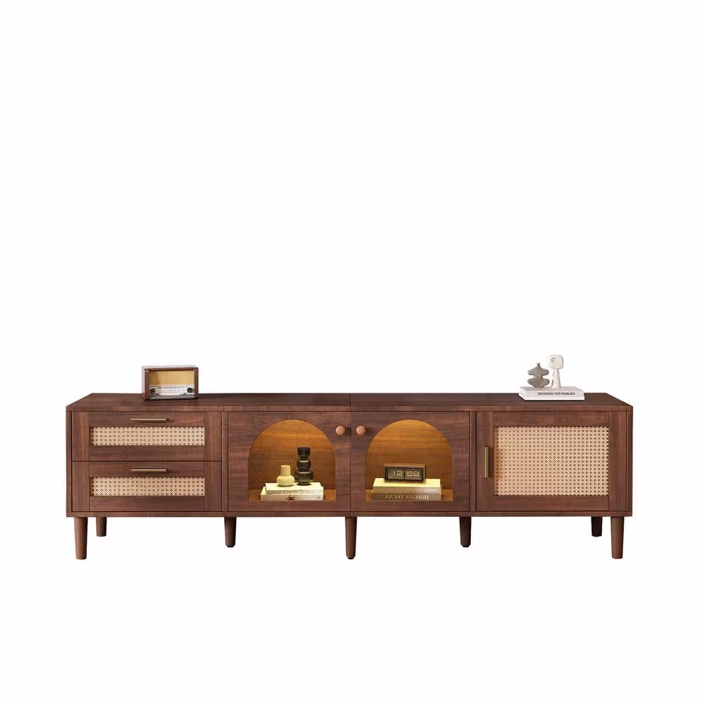 ModernLuxe Modern TV Cabinet with Rattan Drawers, Glass Doors and Integrated LED Lighting in Brown, W/D/H: 120 x 40 x 50 cm – 2