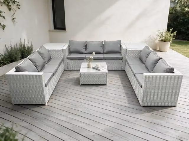 Fimous 9 Seater Rattan Garden Furniture Set in Light Grey with Upholstered Cushions and Side Tables