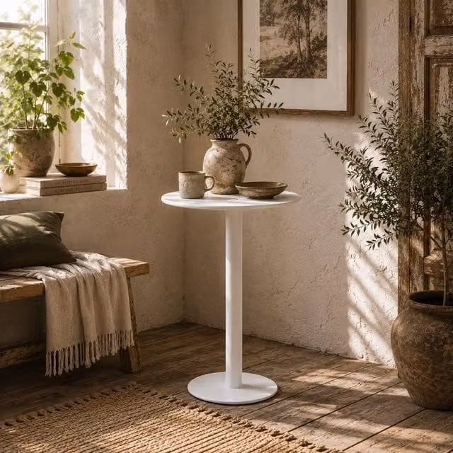 Wyld Haus Susuyo Round White Dining Table with Metal Base, Diameter: 60 cm, Height: 72 cm – 1