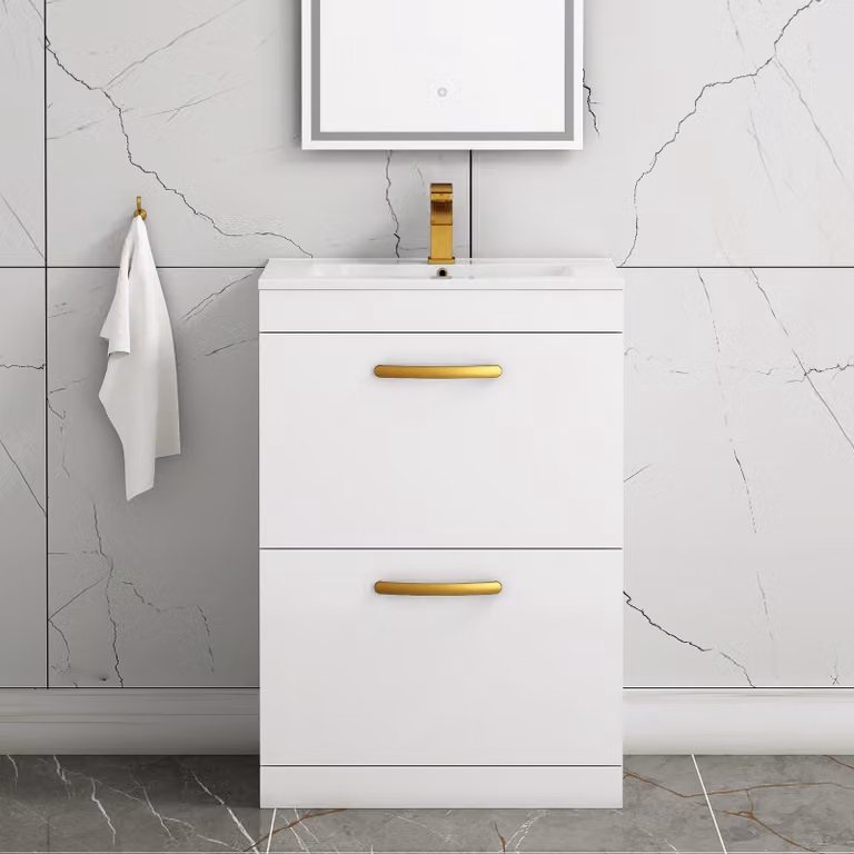 Royal Bathrooms Turin 600mm Gloss White Floor Standing 2 Drawer Minimalist Vanity Unit with Brushed Brass Handles