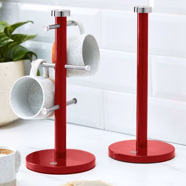 Swan Freestanding Towel Pole and Mug Tree Set in Red and Black Coated Steel