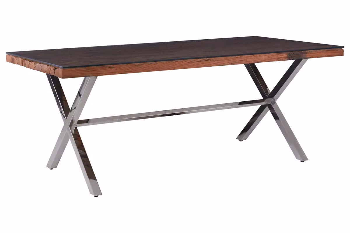 Fifty Five South Rustic Rectangular Glass Dining Table with X-Frame in Brown and Silver – 2