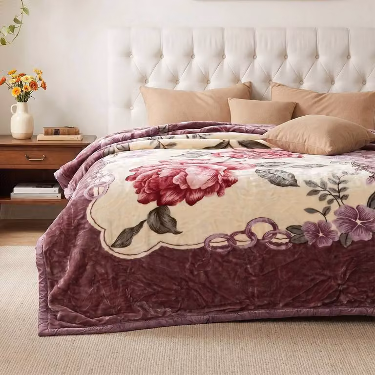 SPETLEK Heavyweight Raschel Winter Blanket in Purple, Pink and Red with Floral Design