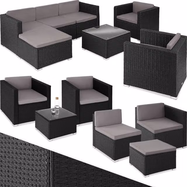 tectake Lignano Rattan Garden Furniture Set with 6 Seats and 1 Table, Black
