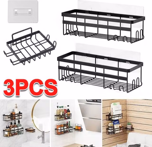 FLAVORA 3 Pack Stainless Steel Adhesive Shower Caddy in Black, Width: 50 cm – 1