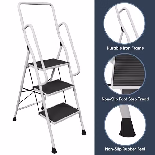 Home Vida 3-Step Heavy Duty Steel Folding Ladder with Safety Rails in White – 7