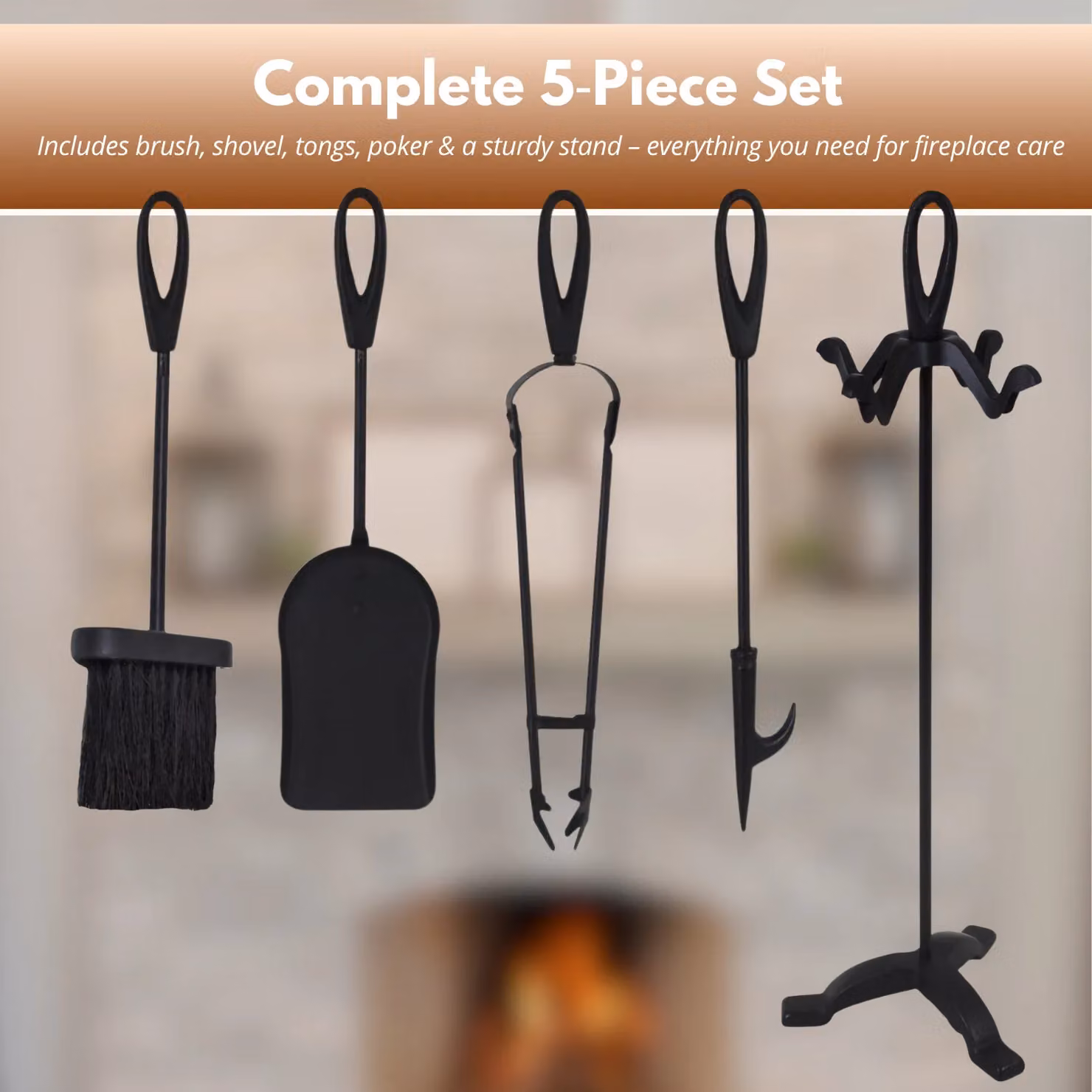 Marco Paul 5pc Cast Iron Fireside Accessory Set in Black – 5