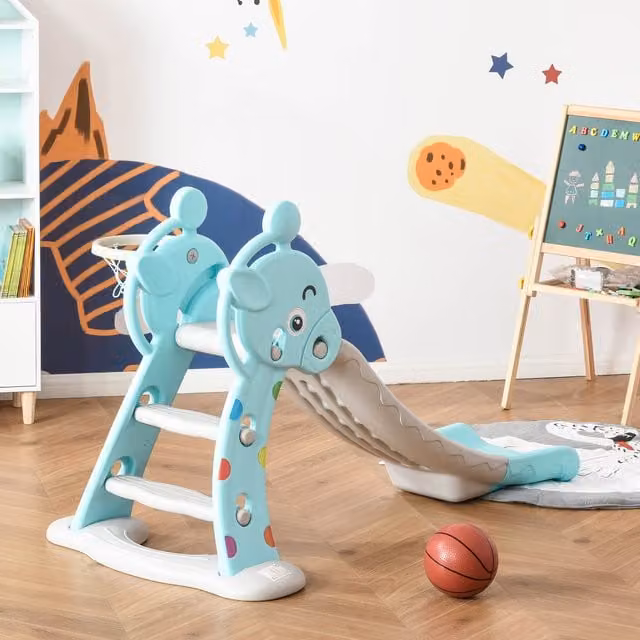 HOMCOM 2 in 1 Kids Freestanding Slide with Basketball Hoop, Blue