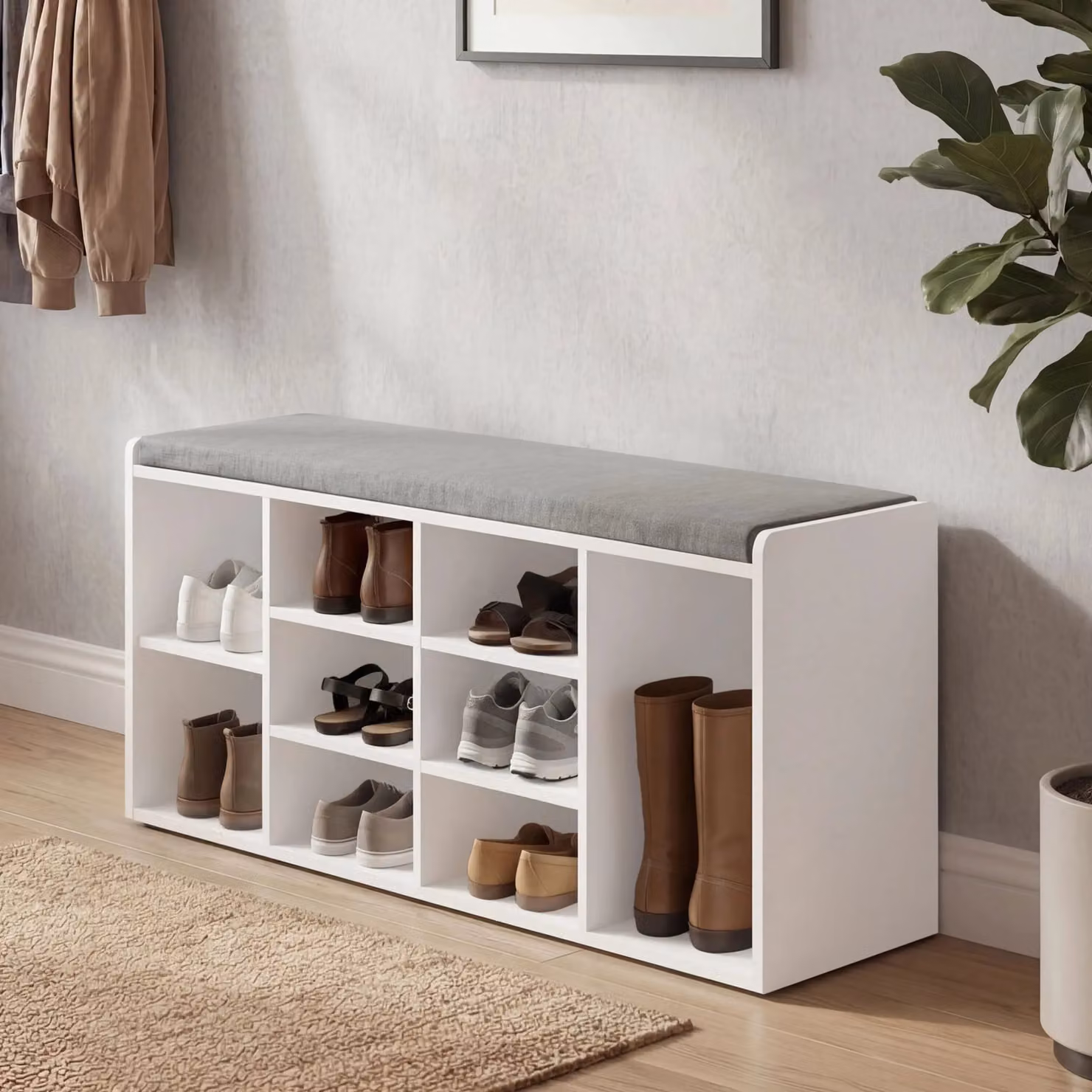 White Modern Shoe Storage Bench Cabinet with Fabric Seat for Hallways, W/D/H: 100 x 30 x 48 cm