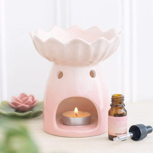 Uniqueful Pink Water Lily Ceramic Oil Burner and Wax Warmer with Floral Design