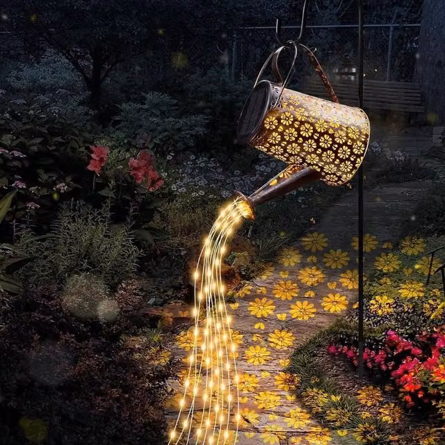 KORVIXA Bronze Solar Powered Watering Can Garden Lights with Warm White LED, Height: 100 cm