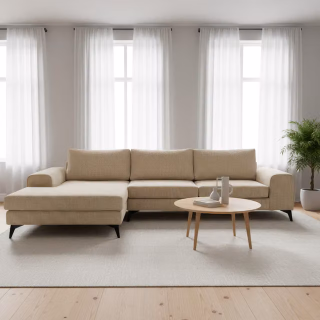 Abakus Direct Venice Left-Hand Corner Sofa in Cream Basket Weave Fabric with Scatter Cushions