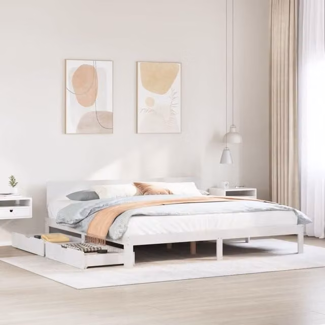 Berkfield Home Super King Bed Frame with Drawers in White Rustic Pine Wood, W/D/H: 180 x 200 cm