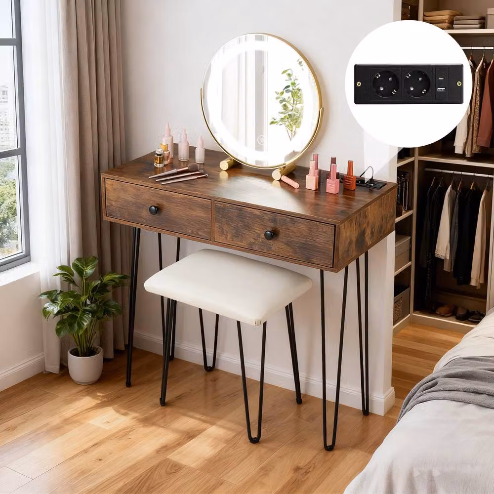 Costway Vanity Desk and Stool Set with Hollywood LED Mirror in Brown – 7