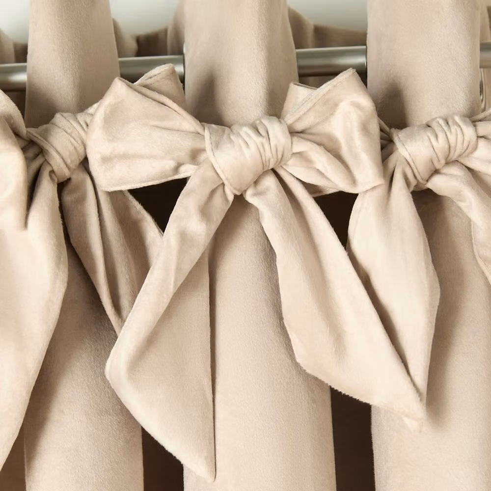 OHS Pair of Bow Decor Velvet Eyelet Curtains in Beige, Width: 228 cm, Drop: 228 cm – 2