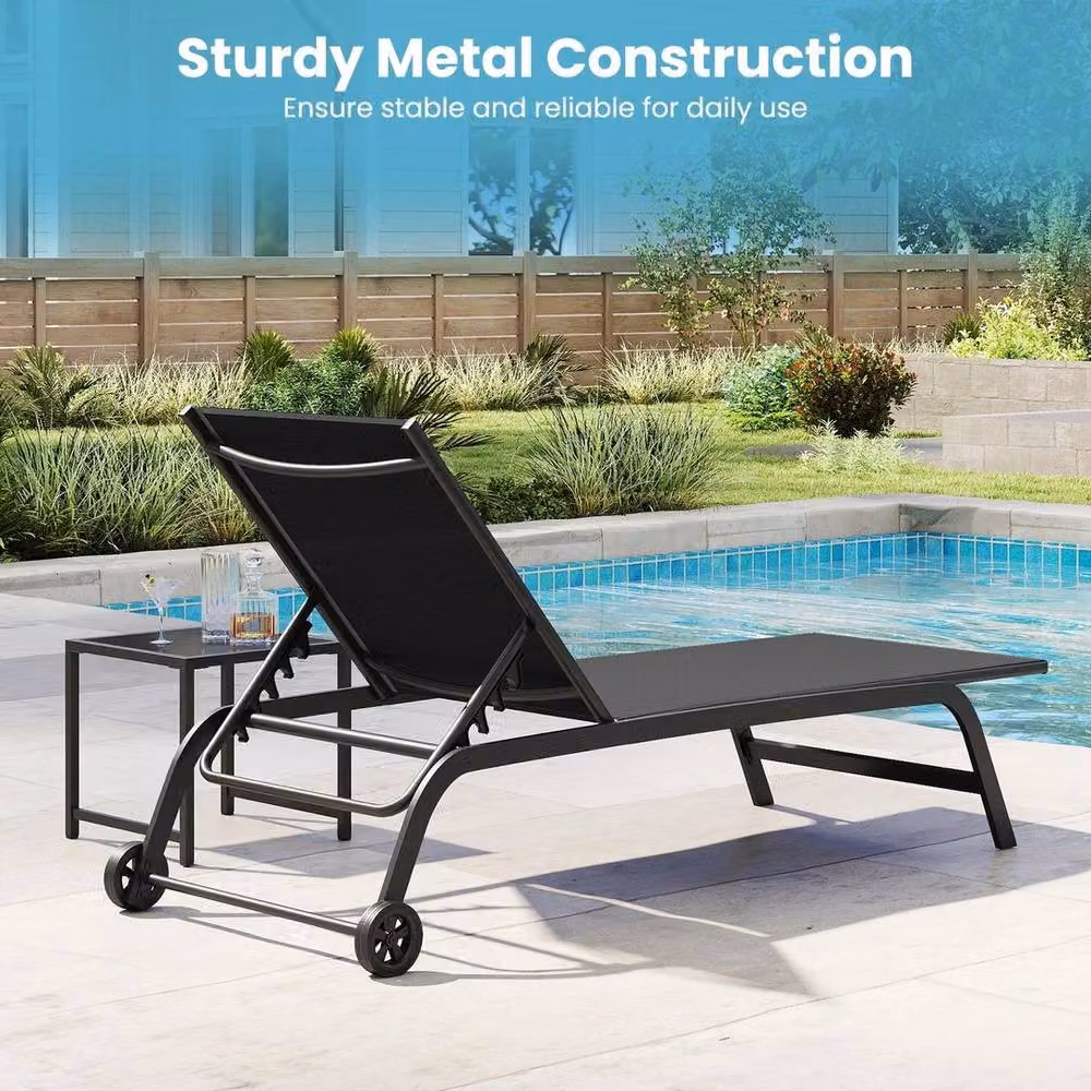KORVIXA 2 Pack Outdoor Chaise Lounge Chairs in Black with Wheels – 3