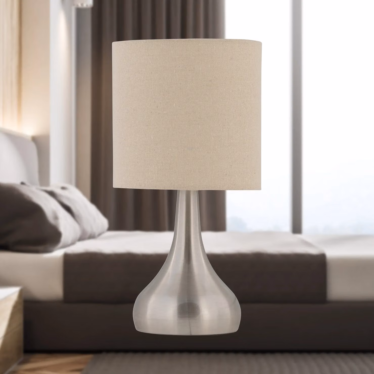First Choice Lighting Romana Set of 2 Brushed Chrome Touch Table Lamps with Silver Linen Shades – 4