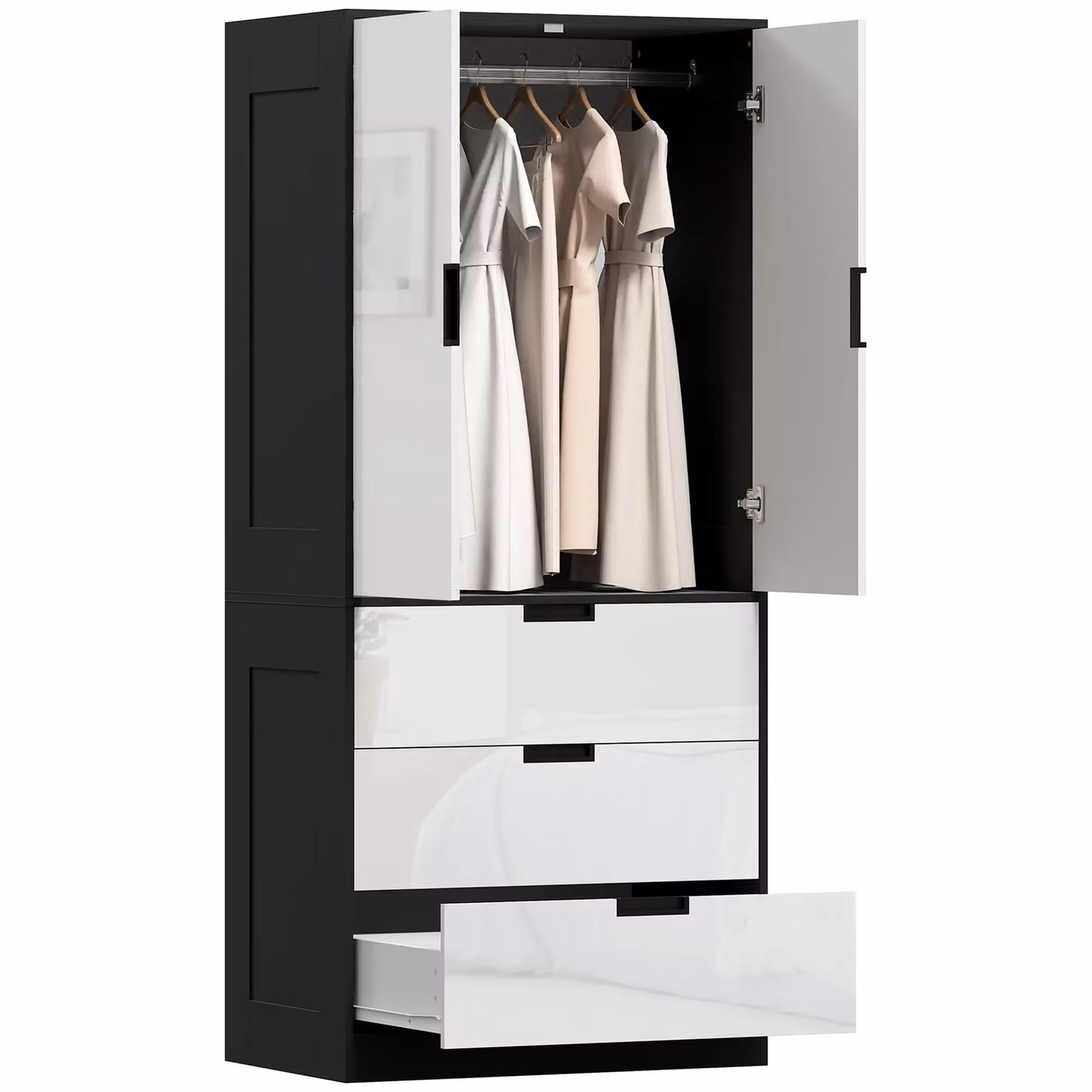 HOMCOM Modern Glossy Clothes Storage Cupboard in White with Hanging Rod and Internal Drawers, H: 180 cm, W: 80 cm – 2