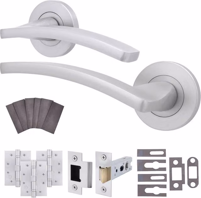 AFIT Satin Chrome Fire Door Handle Latch Set with Silver Aluminium Hinges, W/D/H: 15 x 15 x 1.5 cm