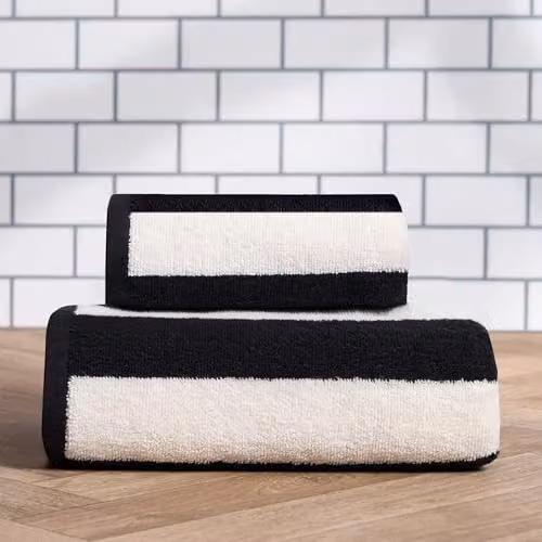 OHS Large Cotton Jacquard Bath Towel, Black and White Striped, W: 70 cm, H: 115 cm – 2