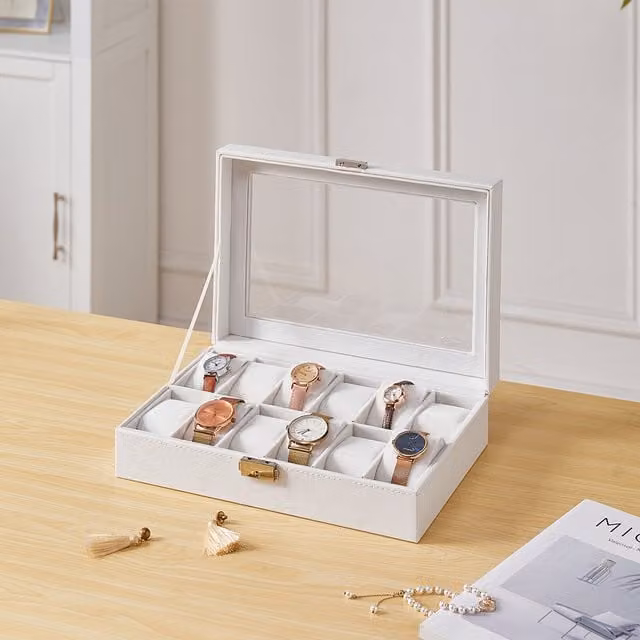 Livingandhome 12 Slot Watch Collector Organizer Box with Lid, White