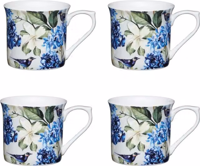 KitchenCraft Set of 4 Blue Floral Ceramic Stoneware Mugs