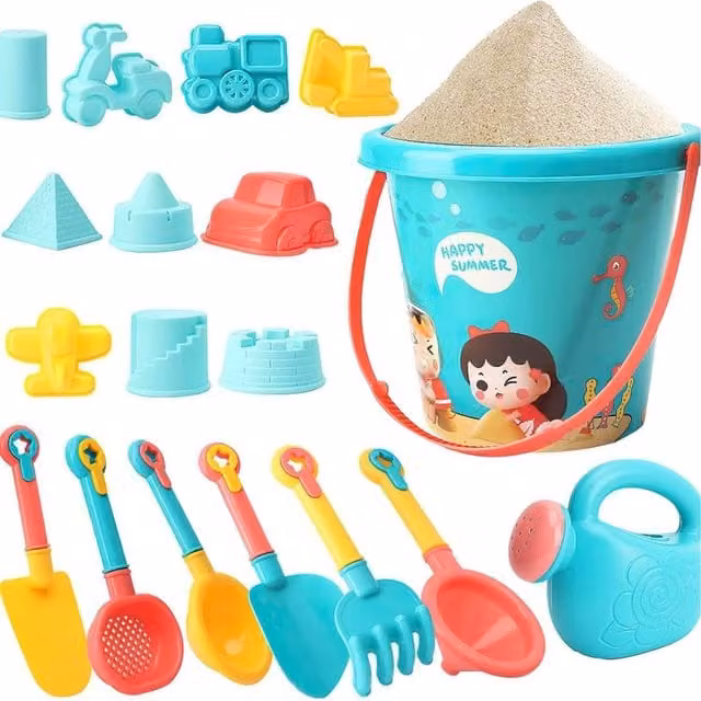 Smartbies 18 Piece Plastic Bucket and Spade Beach Toy Set in Blue and Multicolour