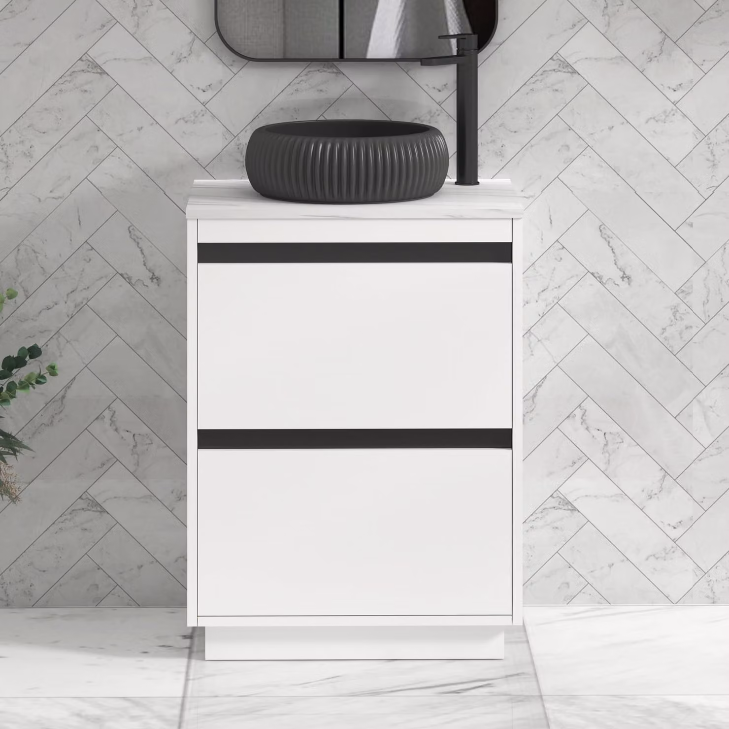 Royal Bathrooms Orion 800mm Matt White Floor Standing Countertop Vanity Unit with 2 Drawers, Milan Black Basin and Black Accent Trim