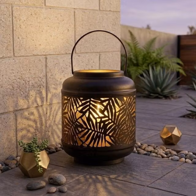 Garden Greatness Relica Patterned Leaf Metal Garden Lantern in Black and Gold/Brass