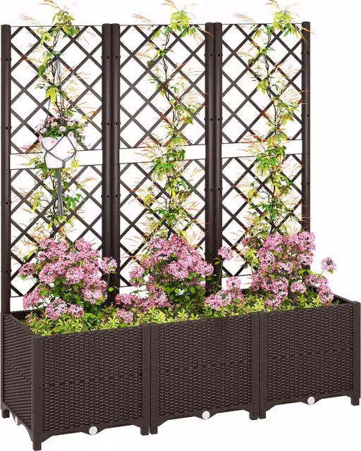 Outsunny Brown Plastic Raised Garden Bed with Trellis and Drainage Holes for Climbing Plants, Vegetables and Flowers, W: 140 cm, D: 120 cm, H: 40 cm