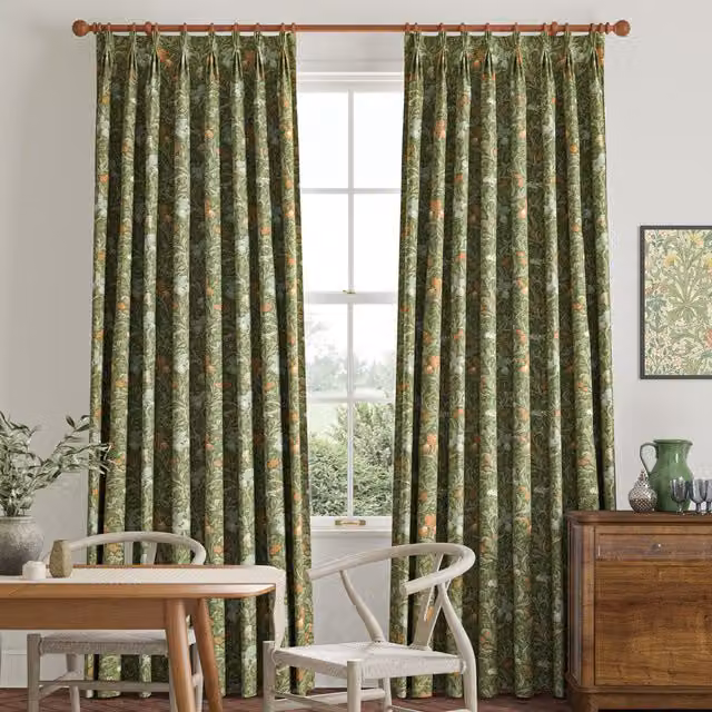 William Morris Iris Made To Measure Blackout Cotton Curtains in Moss Green Floral Design