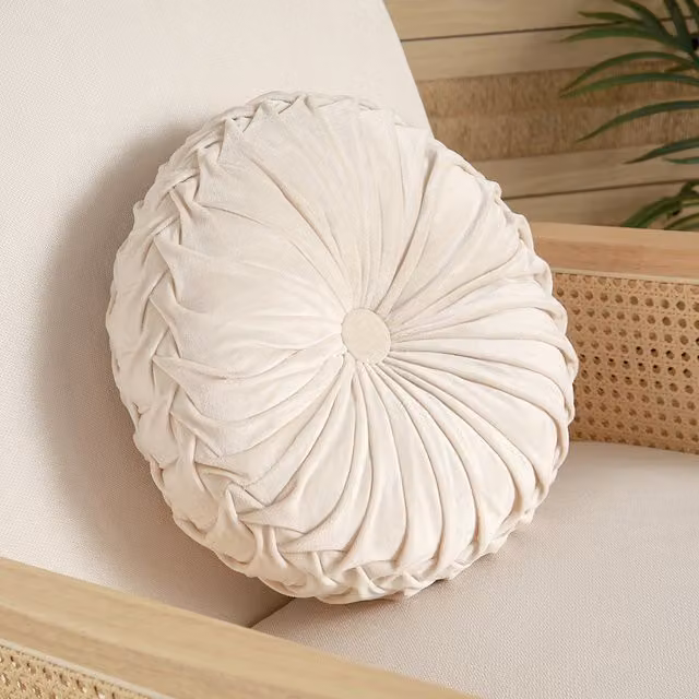 Livingandhome Round Pleated Pumpkin Velvet Cushion, Beige, Diameter: 45 cm