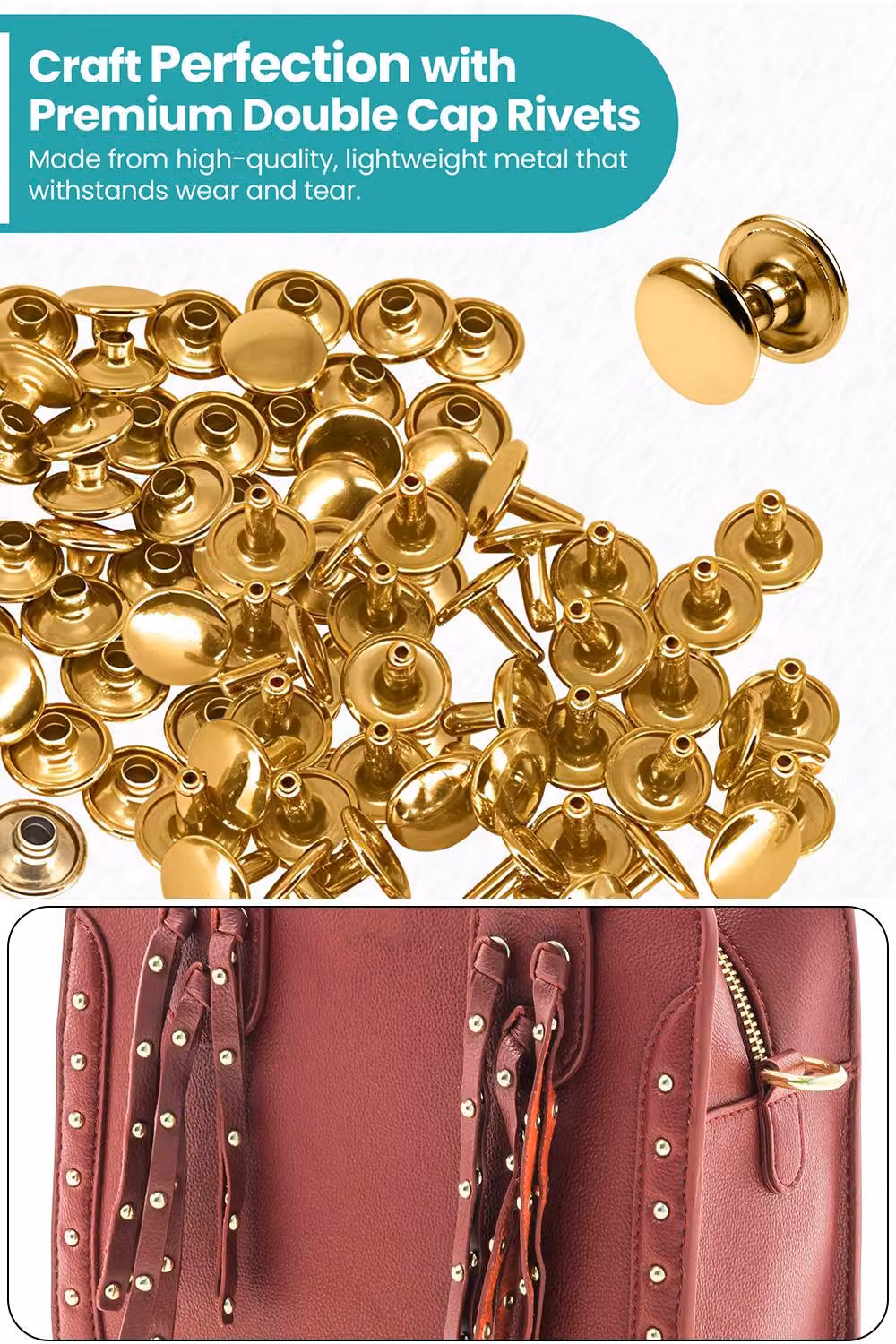 Neel Blue 9mm Double Cap Rivets Gold Tubular Metal Studs for Leather, 100pcs – 3