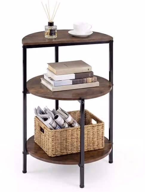 COSTWAY 3-Tier Industrial Round End Table in Brown with Wood and Metal Finish