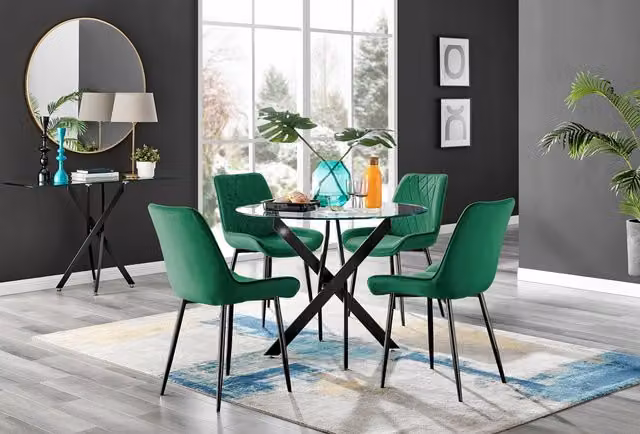 FurnitureboxUK Novara Round Glass Dining Table and 4 Pesaro Soft Velvet Chairs in Green with Black Legs – 1