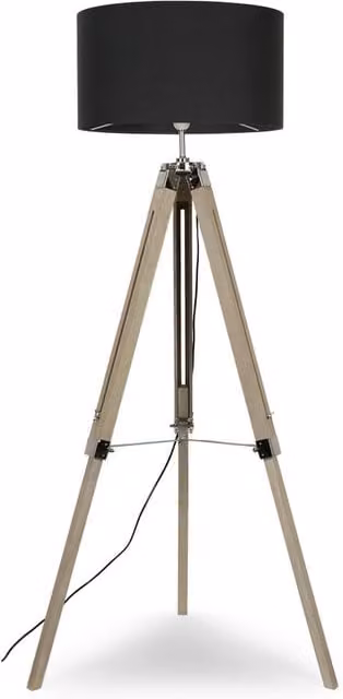 Clipper Light Brown Wood Tripod Floor Lamp with Large Charcoal Fabric Cylinder Shade and Silver Accents, Height: 128 cm
