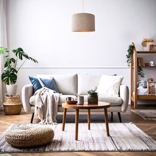 Happy Homewares Vintage Cylinder Linen Fabric Lamp Shade in Beige with Wood Effect Inner, W: 30 cm, H: 20 cm – 3