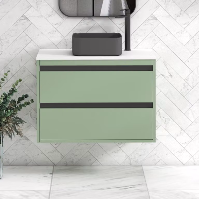 Royal Bathrooms Orion 800mm Wall Hung Vanity Unit in Mint Sage and White with 2 Drawers and Art Square Basin with Black Accent Trim