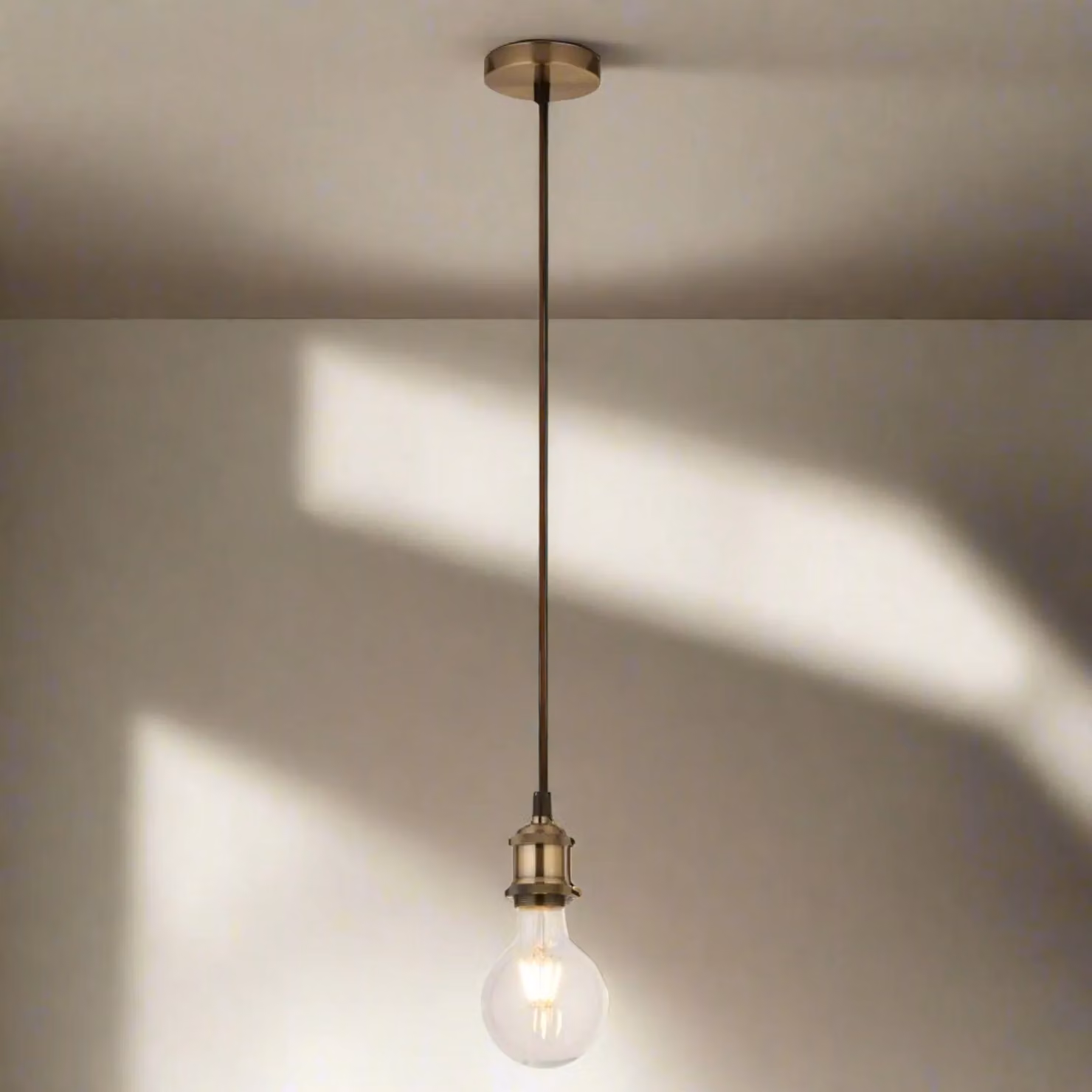 CGC Lighting Cassie Adjustable Suspended Pendant Light with Matching Ceiling Rose, Antique Brass and Bronze with Brown Fabric Cord, E27 Holder – 5