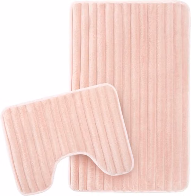 New Edge Blinds Pink Striped Ribbed Bath Mat and WC Pedestal Mat Set