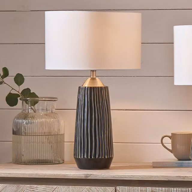 Pacific Lifestyle Modern Textured Ceramic Tall Table Lamp with Fabric Lampshade in Grey and Silver