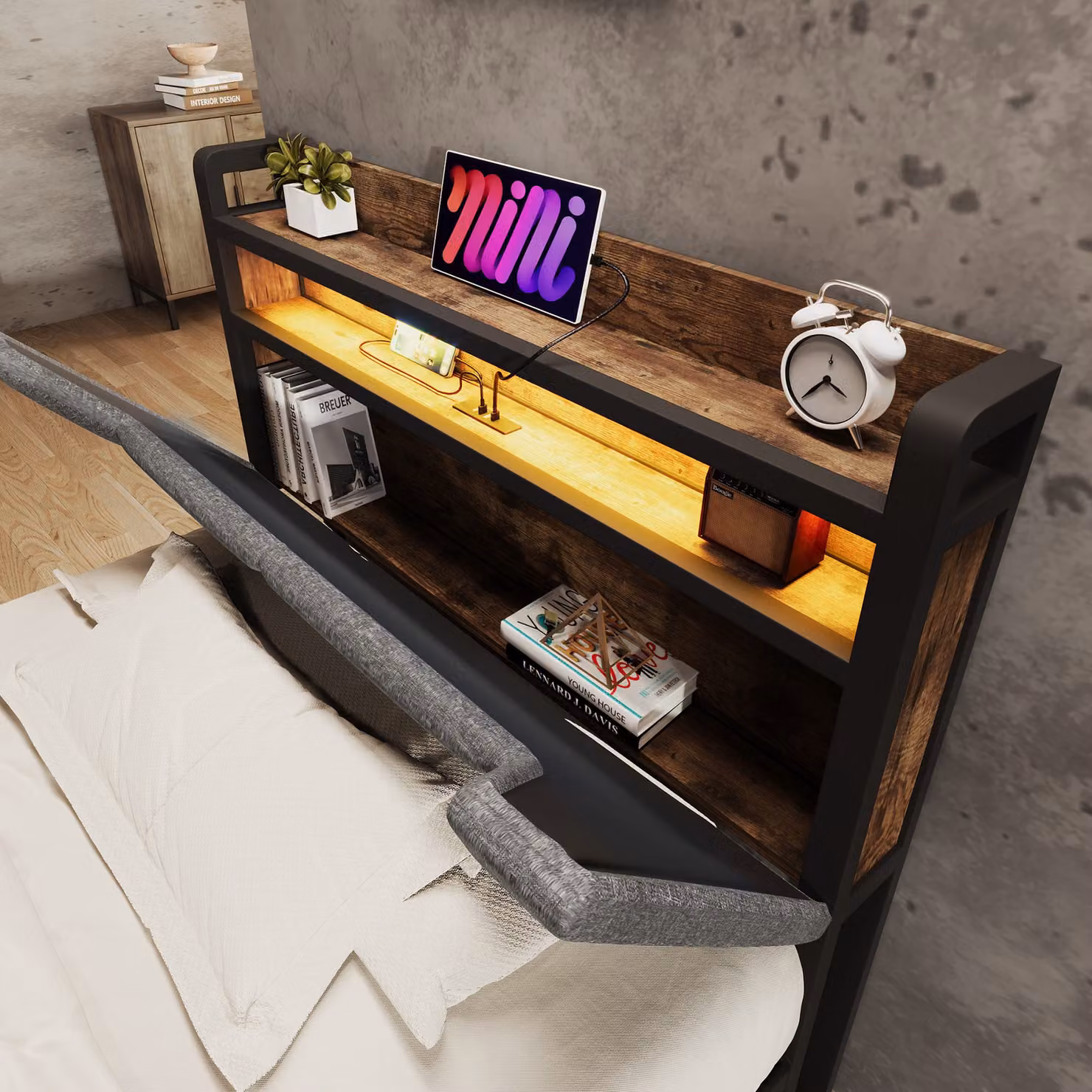 Aosom UK Grey Upholstered Single Storage Bed with LED Lighting, USB Type-C Charging and Drawers, W/D/H: 92 x 208 x 110 cm – 8
